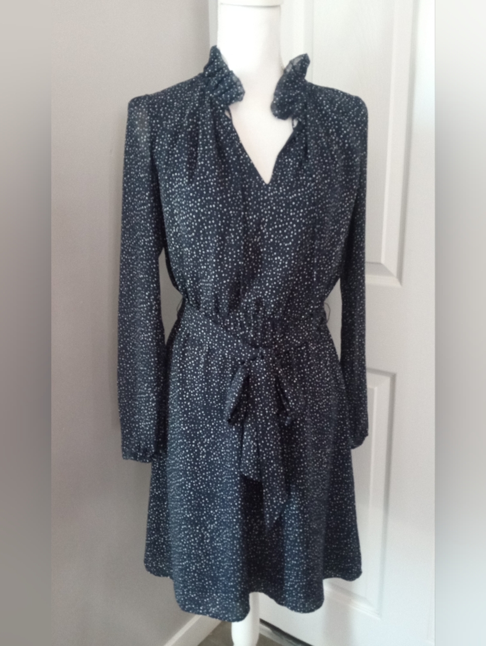 LOFT Navy and White Long-Sleeve Tie-Waist Dress
